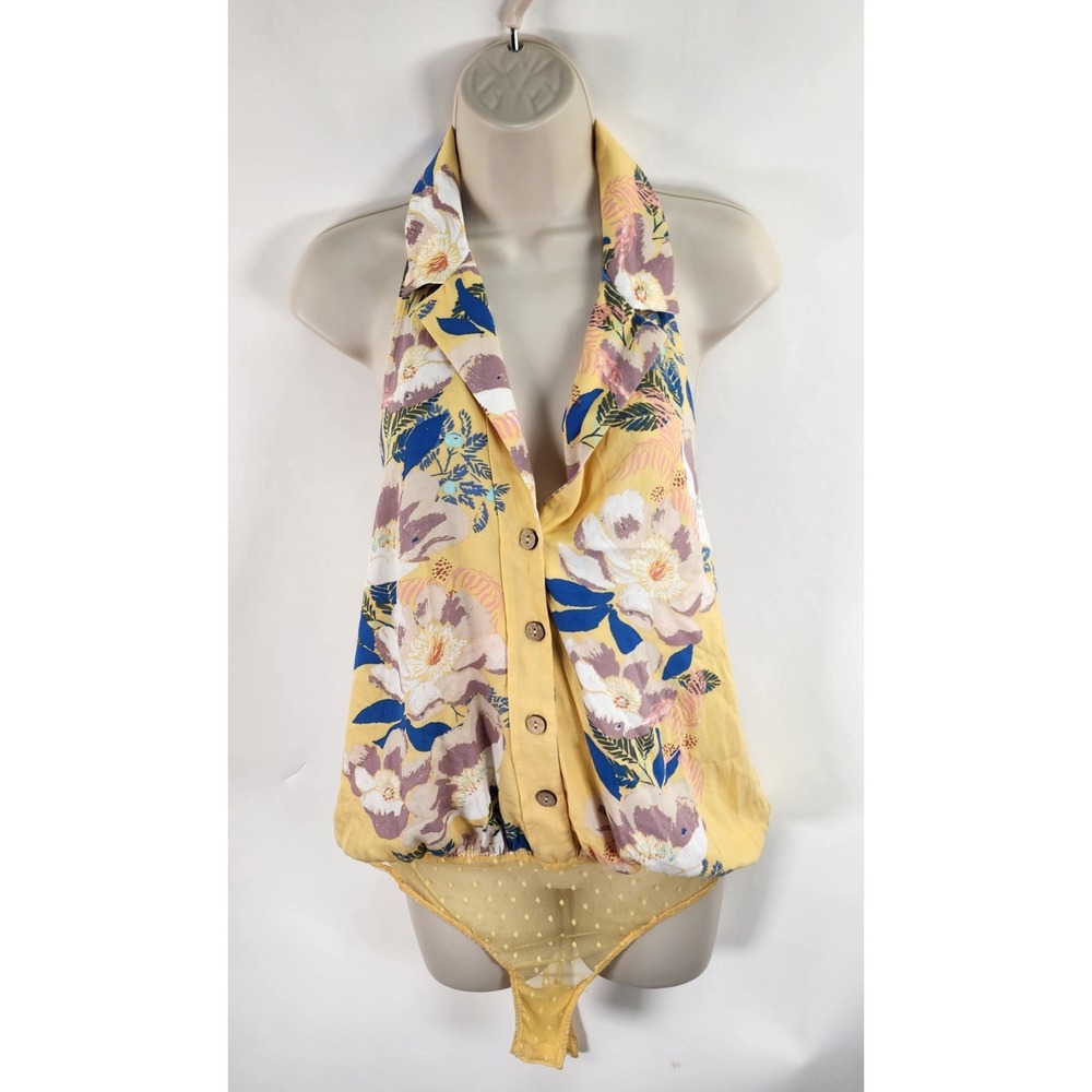 Free People Intimates Offshore Bodysuit Women's M Floral Yellow Backless Halter